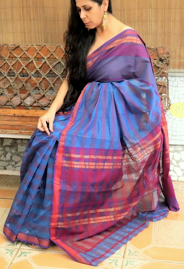 Indigo & Magenta Cotton Silk Maheshwari Saree with  Jhaala Pallu & Chatai Borders